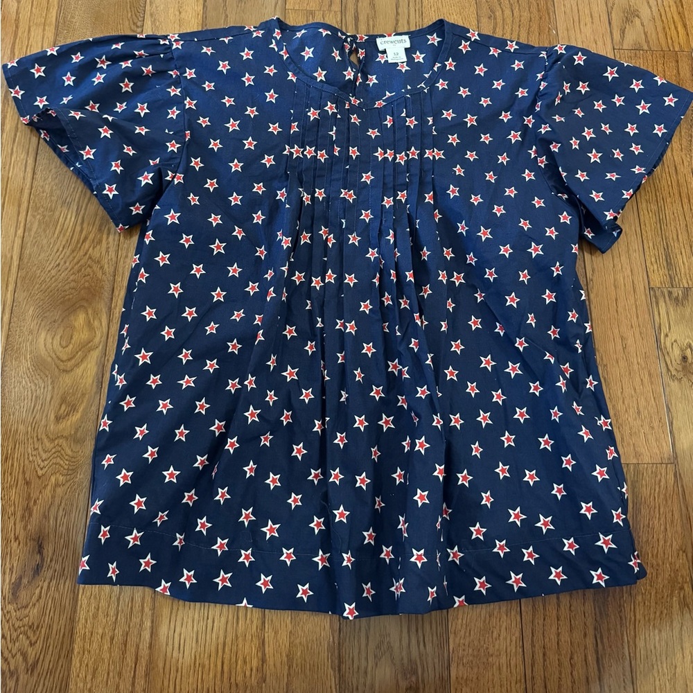 Crewcuts Navy Star Print Blouse with Pleated Front, Size 12, Big Girls